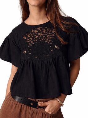 Anthropologie Black‎ Flutter Sleeve Crop Blouse